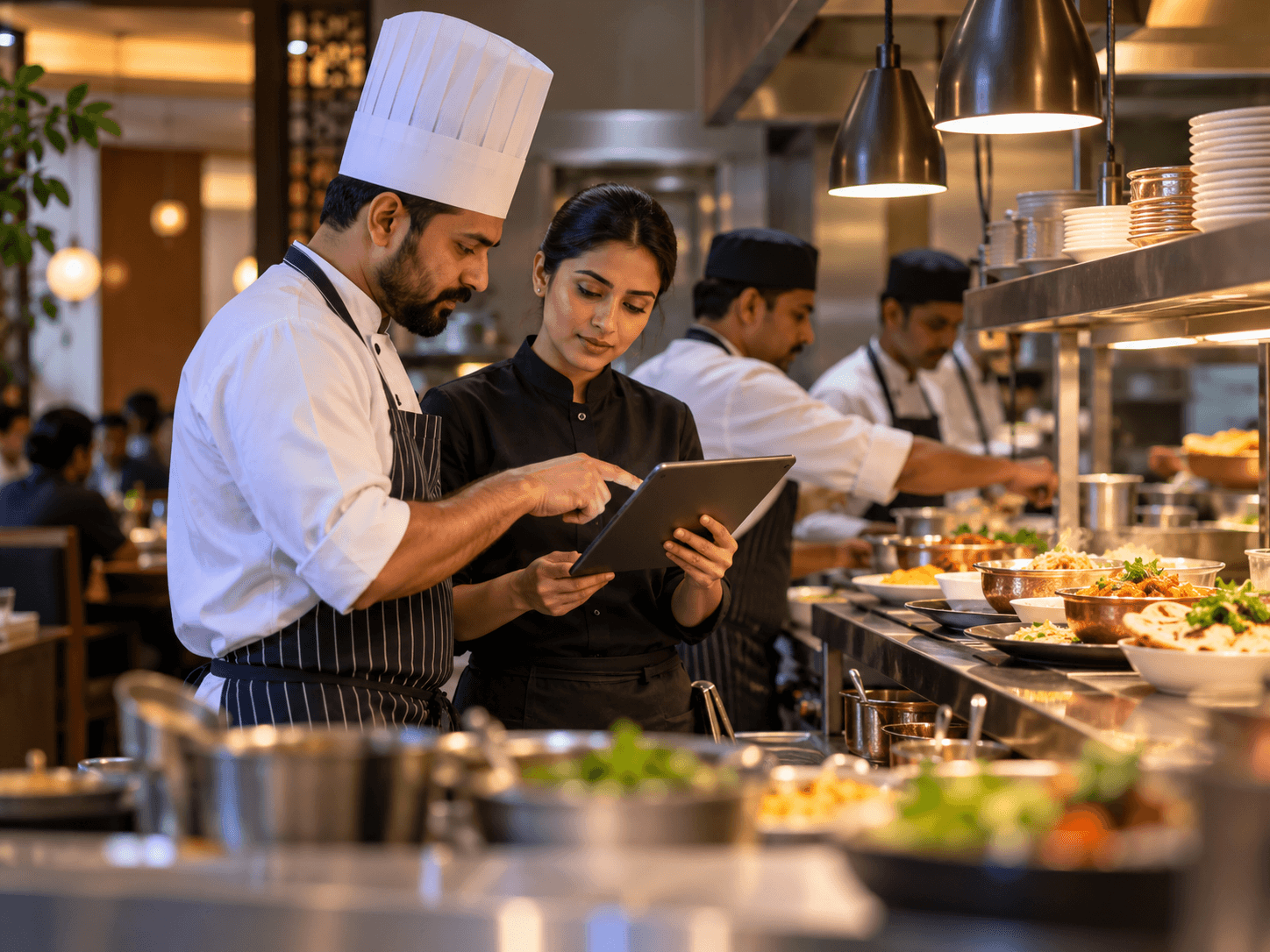 Restaurant kitchen team checking incoming orders on a tablet