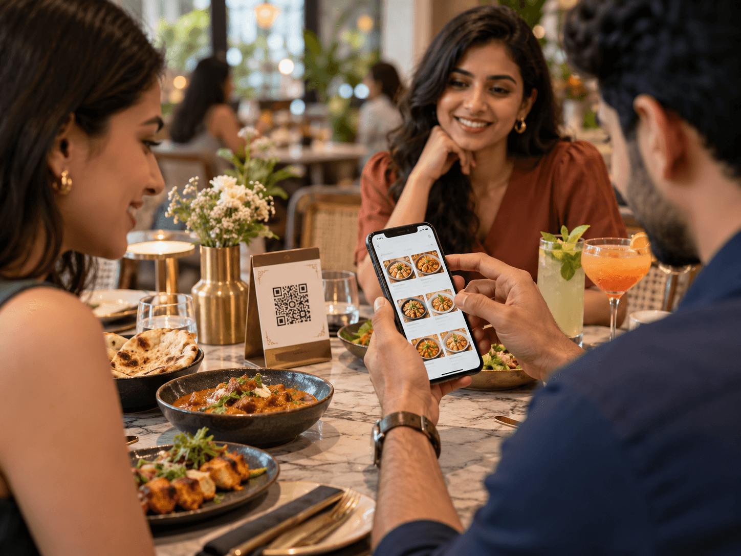 Customers browsing a restaurant QR menu on a smartphone